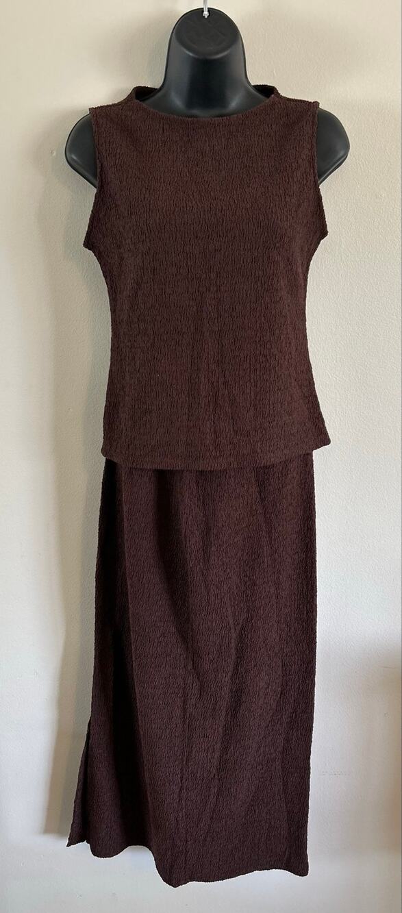 UNIQLO Brown Shirred Textured Sleeveless Top Midi Skirt Matching Set S